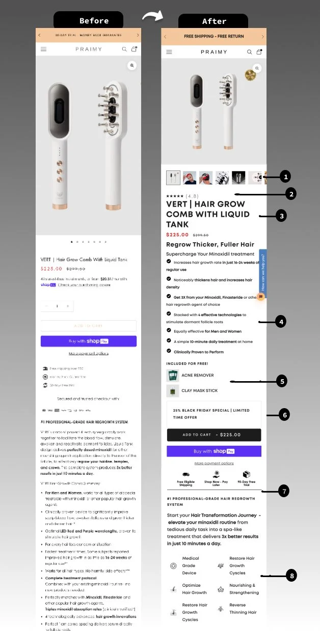 PRAIMY VERT hair grow comb product page before and after