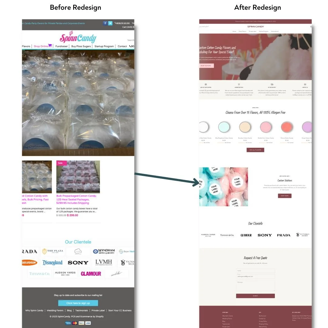 Spinn Candy homepage before and after redesign